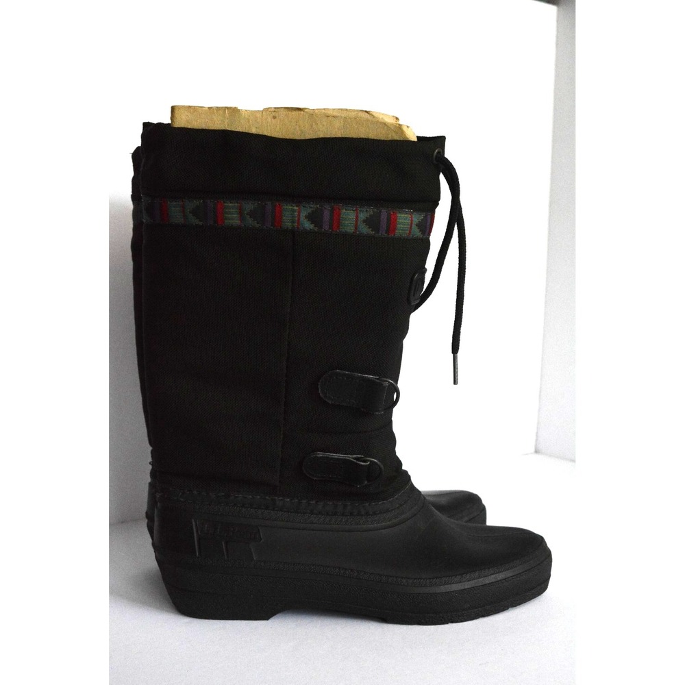 LL Bean Women's Black Canvas Pull On Mid Calf Drawstring Winter Boots Size 7 - Picture 2 of 16